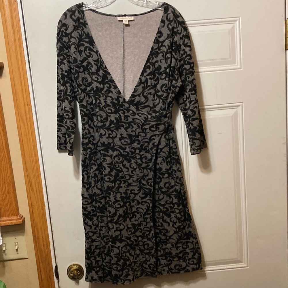 Coldwater Creek V-Neck Black & Gray Patterned Wrap Dress‎ 12P